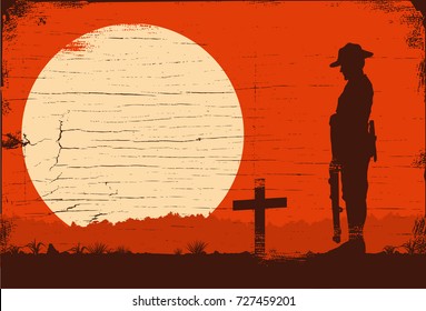 Silhouette of soldier paying tribute at a grave, vector