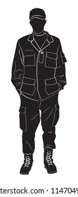 Silhouette of a soldier in a relaxed pose. Vector illustration