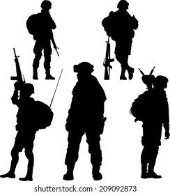 Silhouette Of Soldier With Rifle Vector Collection.