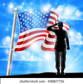 A Silhouette Soldier Saluting With American Flag In The Background, Design For Memorial Day Or Veterans Day