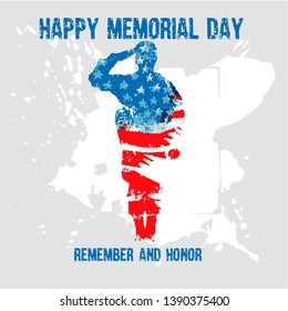 Silhouette of a soldier saluting with the text Memorial day remember and honor. American flag.  Celebration of all who served. American holiday poster.