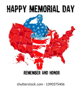 Silhouette of a soldier saluting with the text Memorial day remember and honor. American flag.  Celebration of all who served. American holiday poster.