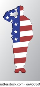 The silhouette of a soldier saluting, United States of America flag background. Vector illustration.