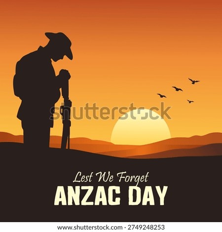 Silhouette soldier at sunset with “Anzac Day Lest We Forget” typography. Memorial illustration honoring the sacrifice of ANZAC troops from Australia and New Zealand.