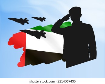 Silhouette of a soldier with UAE flag and jet fighters. National holidays concept design. EPS10 vector