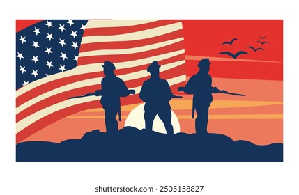 Silhouette of soldier with US flag. Veterans Day, Memorial Day, Independence Day. Flat vector illustration.