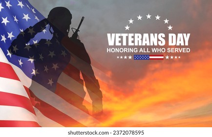 Silhouette of soldier with USA flag against the sunset. Greeting card for Veterans Day, Memorial Day, Independence Day. EPS10 vector