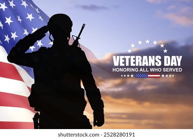 Silhouette of soldier with USA flag against the sunset. Greeting card for Veterans Day, Memorial Day, Independence Day. EPS10 vector