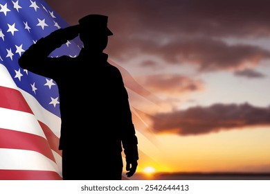 Silhouette of a soldier with USA flag against the sunset. EPS10 vector