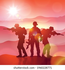 Silhouette of a soldiers against the sunrise. Concept - protection, patriotism, honor. Armed forces of Turkey, Israel, Egypt and other countries. EPS10 vector.