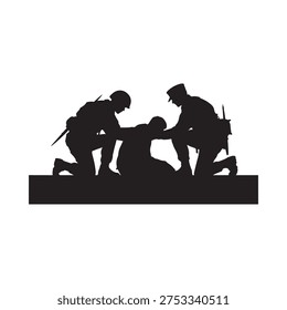 Silhouette of soldiers assisting a wounded comrade during wartime