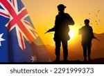 Silhouette of Soldiers with Australian flag on background of sunset. Concept - Armed Force. EPS10 vector