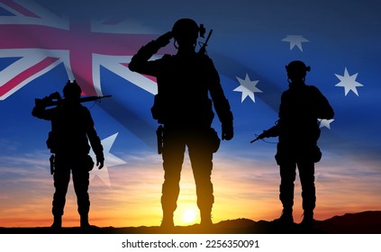 Silueta de soldados con bandera australiana al fondo de la puesta de sol. Concepto - Fuerza Armada. Vector EPS10