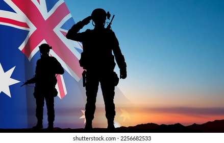 Silhouette of Soldiers with Australian flag on background of sunset. Concept - Armed Force. EPS10 vector