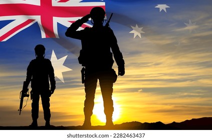 Silhouette of Soldiers with Australian flag on background of sunset. Concept - Armed Force. EPS10 vector