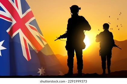 Silueta de soldados con bandera australiana al fondo de la puesta de sol. Concepto - Fuerza Armada. Vector EPS10