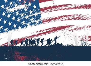 Silhouette of soldiers fighting at war with American flag as a background, vector