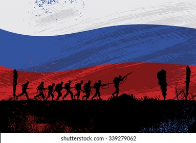 Silhouette of soldiers fighting at war with Russian Flag as a background