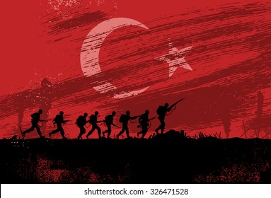 Silhouette Of Soldiers Fighting At War With Turkey Flag As A Background