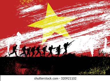 Silhouette Of Soldiers Fighting At War With Vietnam Flag As A Background