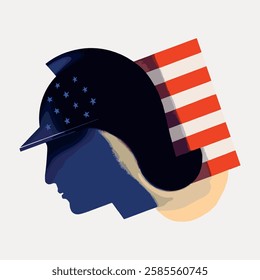 Silhouette of a soldier's helmet with an American flag. Stars and stripes blend with the helmet. Patriotic military theme with flag and helmet imagery. Vintage art illustration, vector.