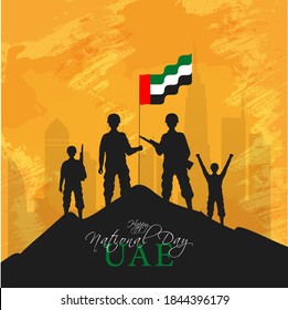 Silhouette Soldiers Holding a UAE Flag on Top of Mountain Peak with Yellow Grunge Background For Happy National Day.