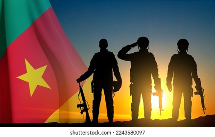 Silhouette of soldiers on background of sunset with Cameroon flag. Background for National Holidays. EPS10 vector
