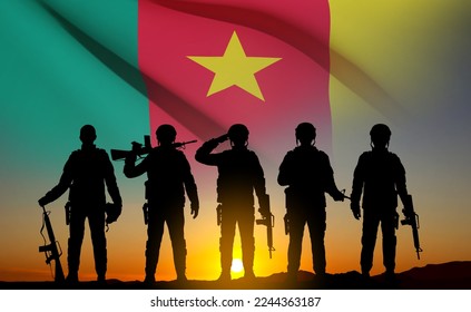 Silhouette of soldiers on background of sunset with Cameroon flag. Background for National Holidays. EPS10 vector