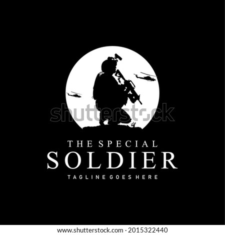 Silhouette of Soldiers at War, Commander Logo Carrying Weapons