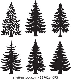 Silhouette Solid Vector Icon Set Of Christmas Tree, Yule, Fir tree, Tannenbaum, Evergreen, Conifer, Pine, Holiday, Festive, Decorated, Seasonal tree.