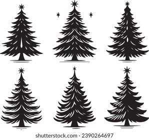 Silhouette Solid Vector Icon Set Of Christmas Tree, Yule, Fir tree, Tannenbaum, Evergreen, Conifer, Pine, Holiday, Festive, Decorated, Seasonal tree.