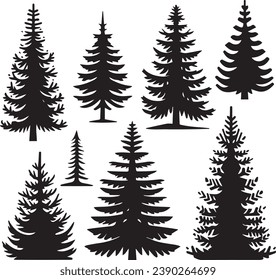 Silhouette Solid Vector Icon Set Of Christmas Tree, Yule, Fir tree, Tannenbaum, Evergreen, Conifer, Pine, Holiday, Festive, Decorated, Seasonal tree.