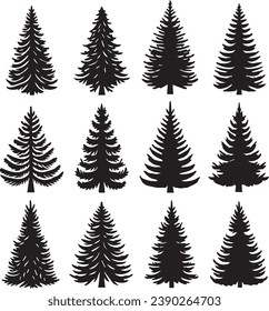 Silhouette Solid Vector Icon Set Of Christmas Tree, Yule, Fir tree, Tannenbaum, Evergreen, Conifer, Pine, Holiday, Festive, Decorated, Seasonal tree.