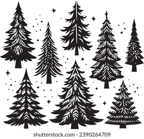 Silhouette Solid Vector Icon Set Of Christmas Tree, Yule, Fir tree, Tannenbaum, Evergreen, Conifer, Pine, Holiday, Festive, Decorated, Seasonal tree.