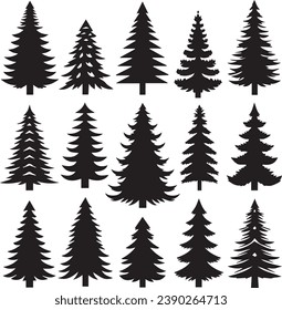 Silhouette Solid Vector Icon Set Of Christmas Tree, Yule, Fir tree, Tannenbaum, Evergreen, Conifer, Pine, Holiday, Festive, Decorated, Seasonal tree.