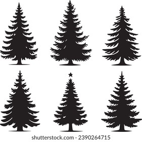 Silhouette Sólido Vector Conjunto De Icono De Árbol De Navidad, Yule, Fir Tree, Tannenbaum, Evergreen, Conifer, Pine, Holiday, Festive, Decorado, Árbol De Temporada.