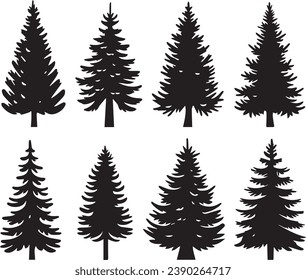 Silhouette Solid Vector Icon Set Of Christmas Tree, Yule, Fir tree, Tannenbaum, Evergreen, Conifer, Pine, Holiday, Festive, Decorated, Seasonal tree.