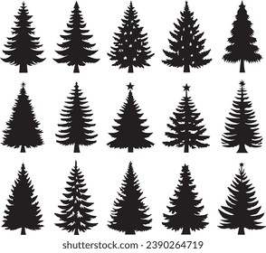 Silhouette Solid Vector Icon Set Of Christmas Tree, Yule, Fir tree, Tannenbaum, Evergreen, Conifer, Pine, Holiday, Festive, Decorated, Seasonal tree.