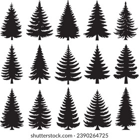 Silhouette Solid Vector Icon Set Of Christmas Tree, Yule, Fir tree, Tannenbaum, Evergreen, Conifer, Pine, Holiday, Festive, Decorated, Seasonal tree.