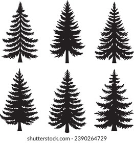 Silhouette Solid Vector Icon Set Of Christmas Tree, Yule, Fir tree, Tannenbaum, Evergreen, Conifer, Pine, Holiday, Festive, Decorated, Seasonal tree.