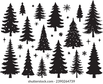 Silhouette Solid Vector Icon Set Of Christmas Tree, Yule, Fir tree, Tannenbaum, Evergreen, Conifer, Pine, Holiday, Festive, Decorated, Seasonal tree.