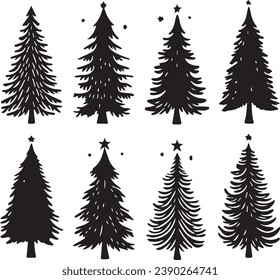 Silhouette Solid Vector Icon Set Of Christmas Tree, Yule, Fir tree, Tannenbaum, Evergreen, Conifer, Pine, Holiday, Festive, Decorated, Seasonal tree.