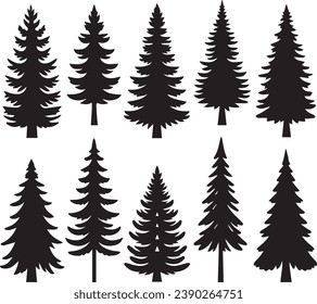 Silhouette Solid Vector Icon Set Of Christmas Tree, Yule, Fir tree, Tannenbaum, Evergreen, Conifer, Pine, Holiday, Festive, Decorated, Seasonal tree.