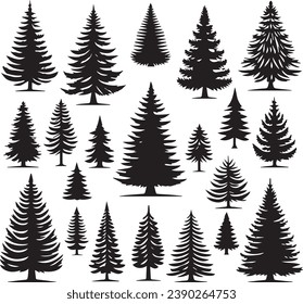 Silhouette Solid Vector Icon Set Of Christmas Tree, Yule, Fir tree, Tannenbaum, Evergreen, Conifer, Pine, Holiday, Festive, Decorated, Seasonal tree.