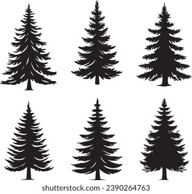 Silhouette Solid Vector Icon Set Of Christmas Tree, Yule, Fir tree, Tannenbaum, Evergreen, Conifer, Pine, Holiday, Festive, Decorated, Seasonal tree.