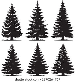 Silhouette Solid Vector Icon Set Of Christmas Tree, Yule, Fir tree, Tannenbaum, Evergreen, Conifer, Pine, Holiday, Festive, Decorated, Seasonal tree.