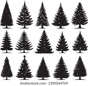 Silhouette Solid Vector Icon Set Of Christmas Tree, Yule, Fir tree, Tannenbaum, Evergreen, Conifer, Pine, Holiday, Festive, Decorated, Seasonal tree.