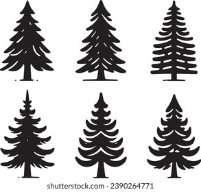 Silhouette Solid Vector Icon Set Of Christmas Tree, Yule, Fir tree, Tannenbaum, Evergreen, Conifer, Pine, Holiday, Festive, Decorated, Seasonal tree.