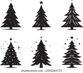 Silhouette Solid Vector Icon Set Of Christmas Tree, Yule, Fir tree, Tannenbaum, Evergreen, Conifer, Pine, Holiday, Festive, Decorated, Seasonal tree.