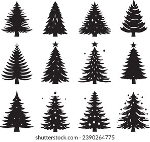 Silhouette Solid Vector Icon Set Of Christmas Tree, Yule, Fir tree, Tannenbaum, Evergreen, Conifer, Pine, Holiday, Festive, Decorated, Seasonal tree.